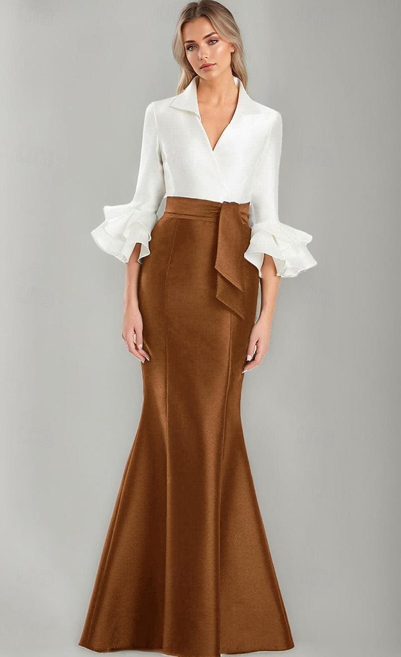 schwarz-weißes Abendkleid Meerjungfrau/Trompete Abendkleid elegantes Kleid formelle Hochzeit bodenlang Halbarm Hemdkragen Stretch-Satin mit Rüschen 2025 2025 - $139.99 –P10