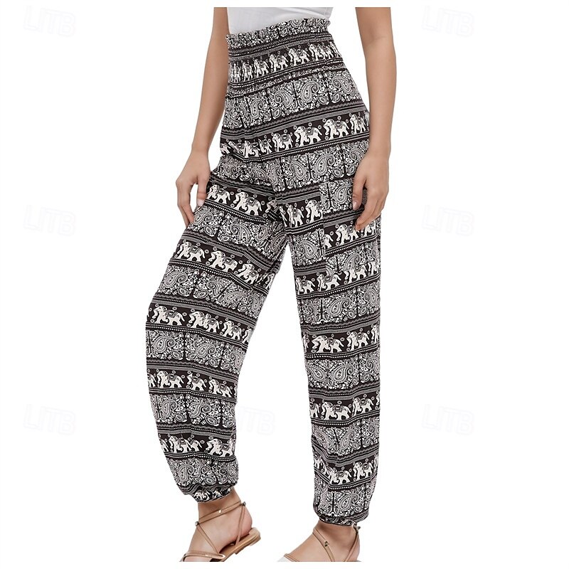 Dam Byxor Rak Mode Boho Fullängd Hög midja Mönster Elastisk midja Andningsfunktion Bekväm Microelastisk Gata Dagliga kläder Utekväll Svart Vit Rubinrött Kungsblå Sommar Normal 2025 - $19.99 –P5