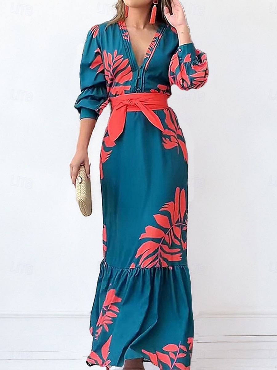 Pentru femei Rochie Maxi Rochie A line Casual În aer liber Ieșire Fit regulat Floral Grafic Manșon Lung În V Albastru piscină Vară Primăvară 2025 - $30.99 –P2
