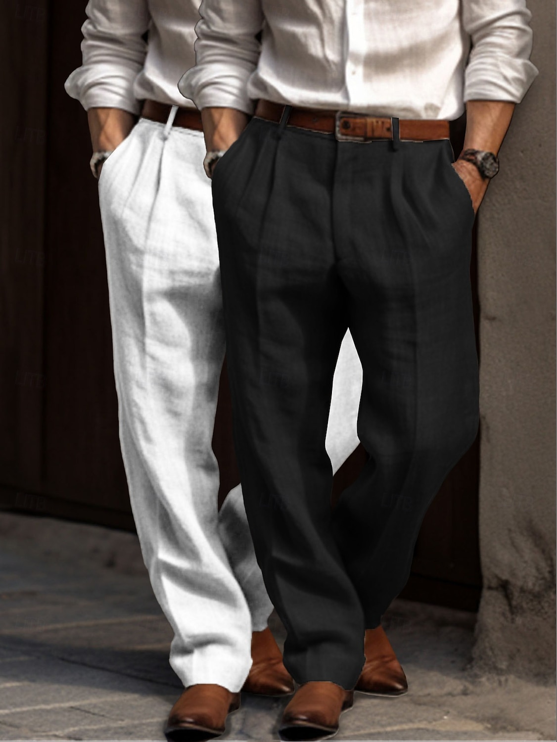 Herren Anzughose Leinenhosen Hose Sommerhose Faltenhose Fronttasche Gerader Schnitt Einfach Komfort Atmungsaktiv Volle Länge Outdoor Lässig Täglich Urlaub Mode Grün + grau Schwarz+Grau 2025 - $23.99 –P8