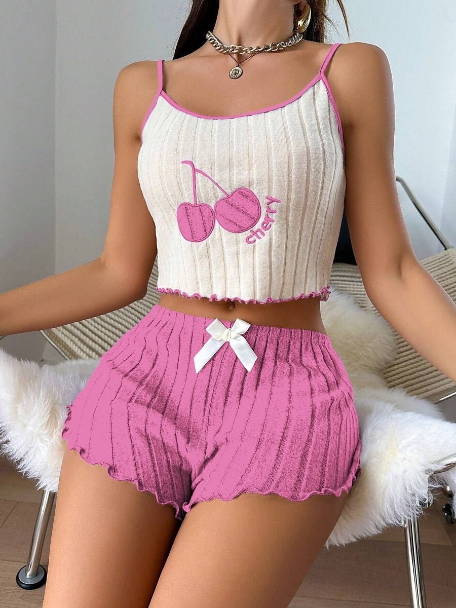 Dame Pyjamas Sett Fritid Komfort Kirsebær Elastisk midje Stropp Topp Shorts Hjem Daglig Ermeløs stropper Gul Rosa Blå Lilla Sommer Normal 2025 - $13.99 –P2