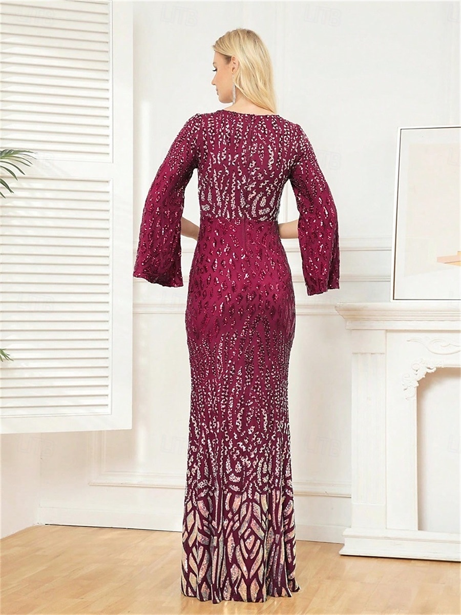 Meerjungfrau Trompete Quinceanera Kleider Elegantes Kleid Formelles Hochzeitskleid Bodenlänge Langarm V-Ausschnitt Polyester mit Pailletten 2025 - $99.99 –P13