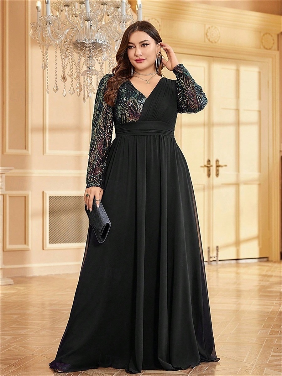 A-Line Plus Size Dresses Elegant Curve Dress Formal Wedding Floor Length Long Sleeve V Neck Chiffon with Sequin 2025 - $119.99 –P15
