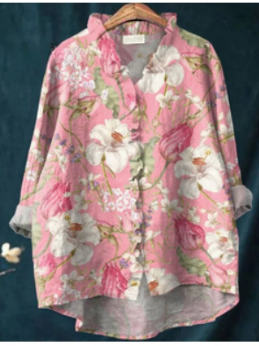 Femmes Chemise Fleuri Élégant Occasionnel manche longue Col en V Hauts Réguliers Quotidien Boutons Imprimé Rose Claire Rouge Bleu Fuchsia Vert Été Printemps de 2025 ? $25.99 –P4