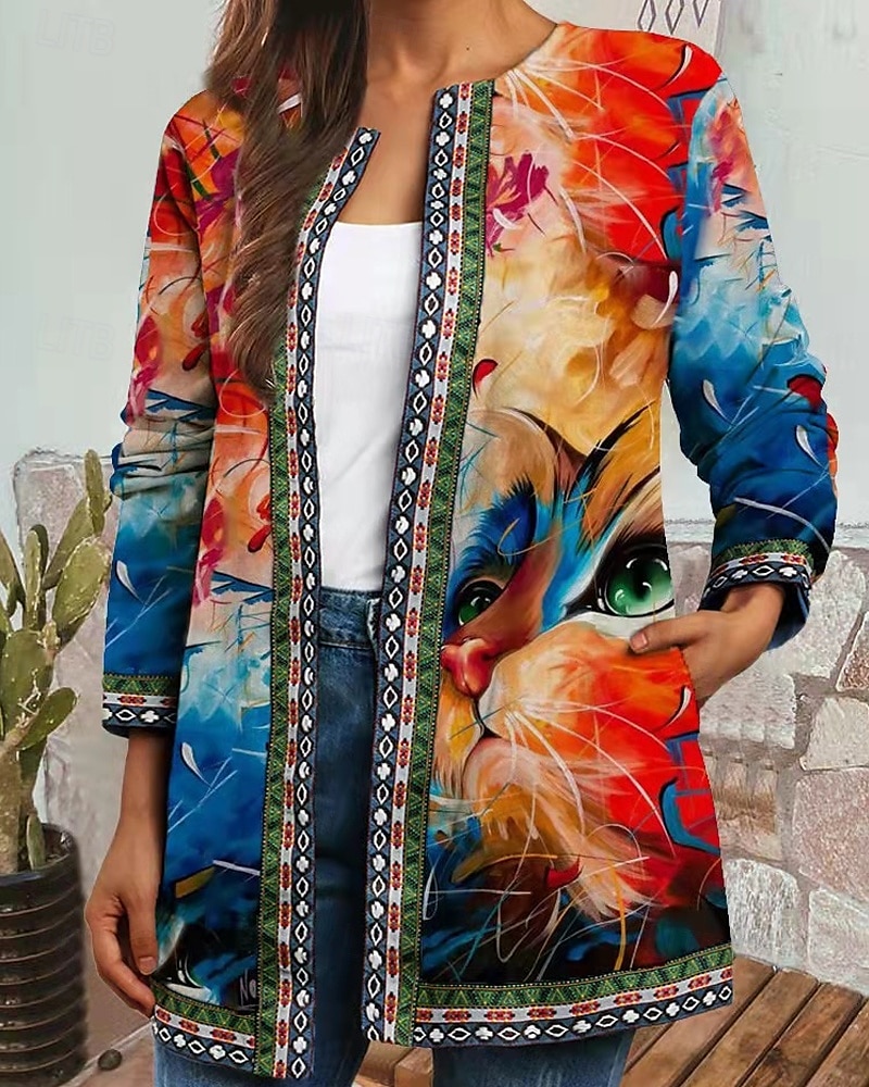 Damen Freizeitjacke Warm Bequem Tasche Mode Modern Blumen Straße Ausgehen Regulär Kragenlos Normale Passform Langarm Oberbekleidung Rote Purpur Orange Herbst Winter 2025 - $25.99 –P3