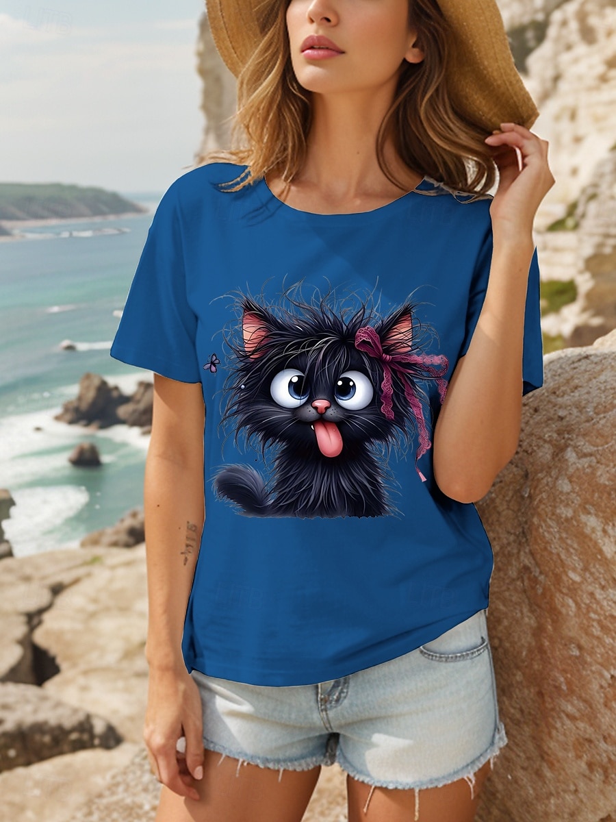 Femmes T-shirt Graphique Animal Chat ancien Élégant Classique Manche Courte Col ras du cou Col rond Hauts Réguliers Quotidien Week-end Imprimé Noir Blanche Rouge Bleu Violet Été Printemps de 2025 ? $19.99 –P7