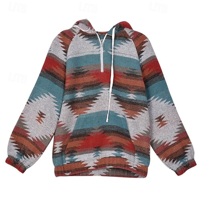 Dame Pullover hettegenser-genser Stamme Gatemote Fritid Behagelig Langermet Med hette Vanlige topper Gate Ferie Ut på byen Trykt mønster Quarter Zip Blå Høst 2025 - $31.99 –P4