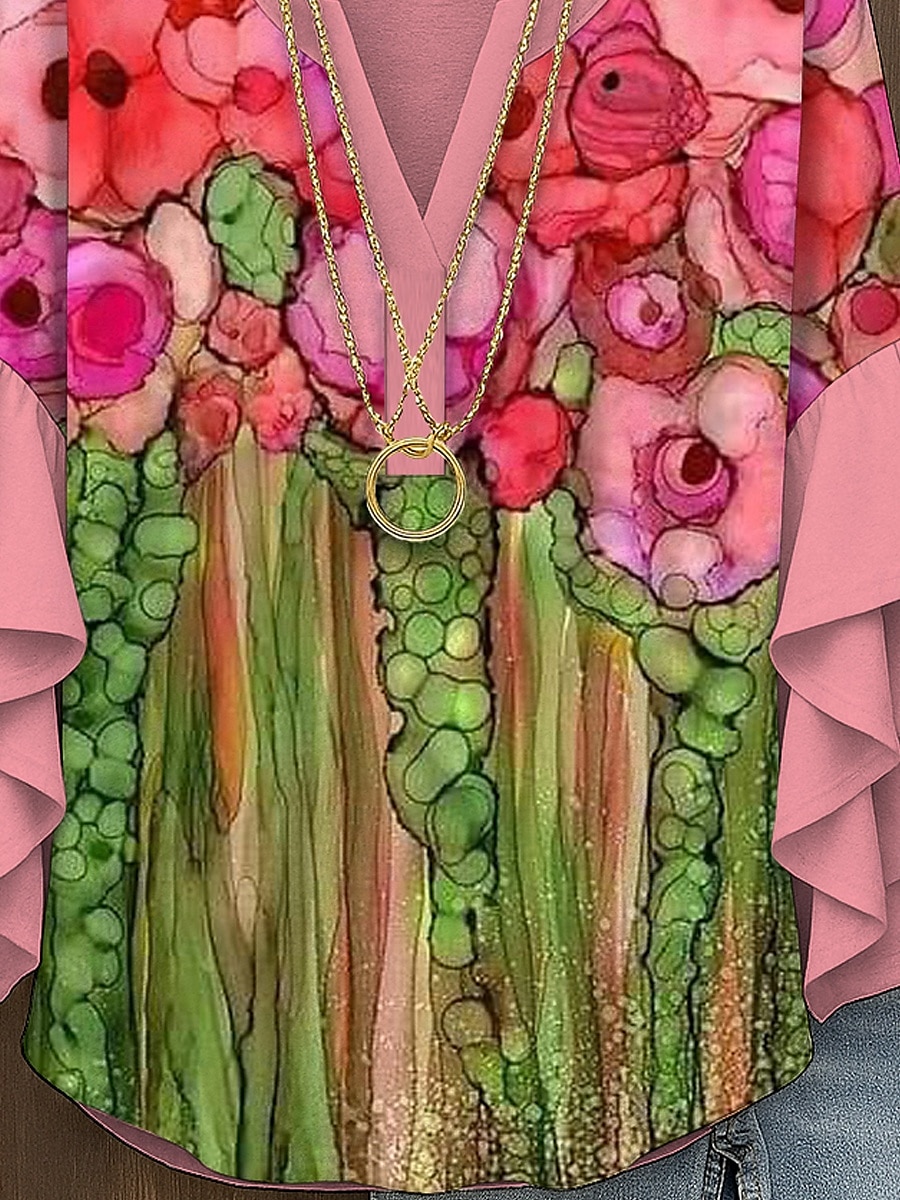 Damen Bluse Blumen Grafik Abstrakt Elegant Täglich Lässig Dreiviertelarm V Ausschnitt Normale Oberteile Täglich Ferien Druck Gelb Rosa Rote Blau Purpur Sommer Frühling Herbst 2025 - $29.99 –P3