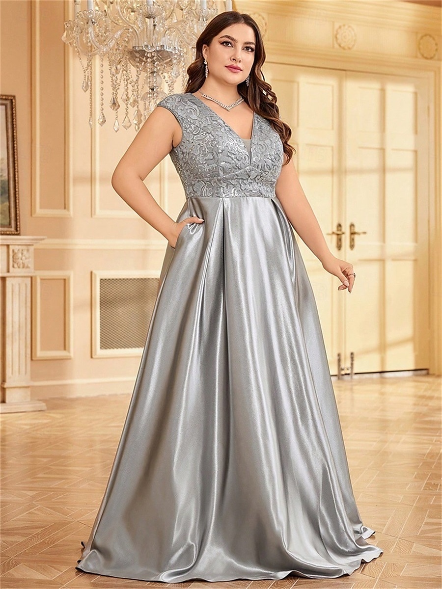 Robe A-Line Grande Taille Élégante Robe Courbe De Mariage Formelle Longue Au Sol Manches Courtes Col en V Satin Dos Nu Avec Plis 2025 de 2025 ? $119.99 –P10