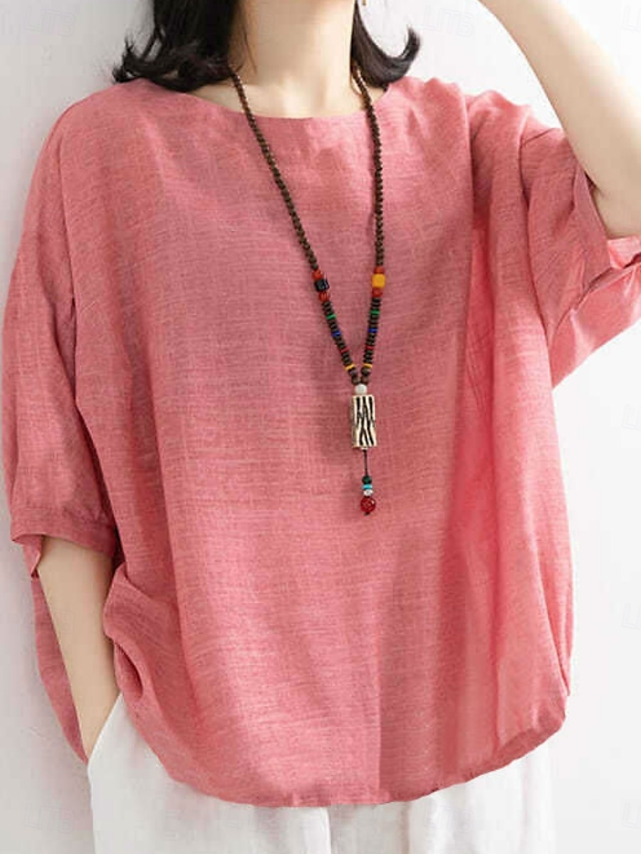 Femmes Chemise Couleur Unie Élégant Occasionnel Manche 3/4 Col ras du cou Hauts Réguliers Quotidien Rose Claire Bleu Violet Vert Été Printemps de 2025 ? $3.99 –P1
