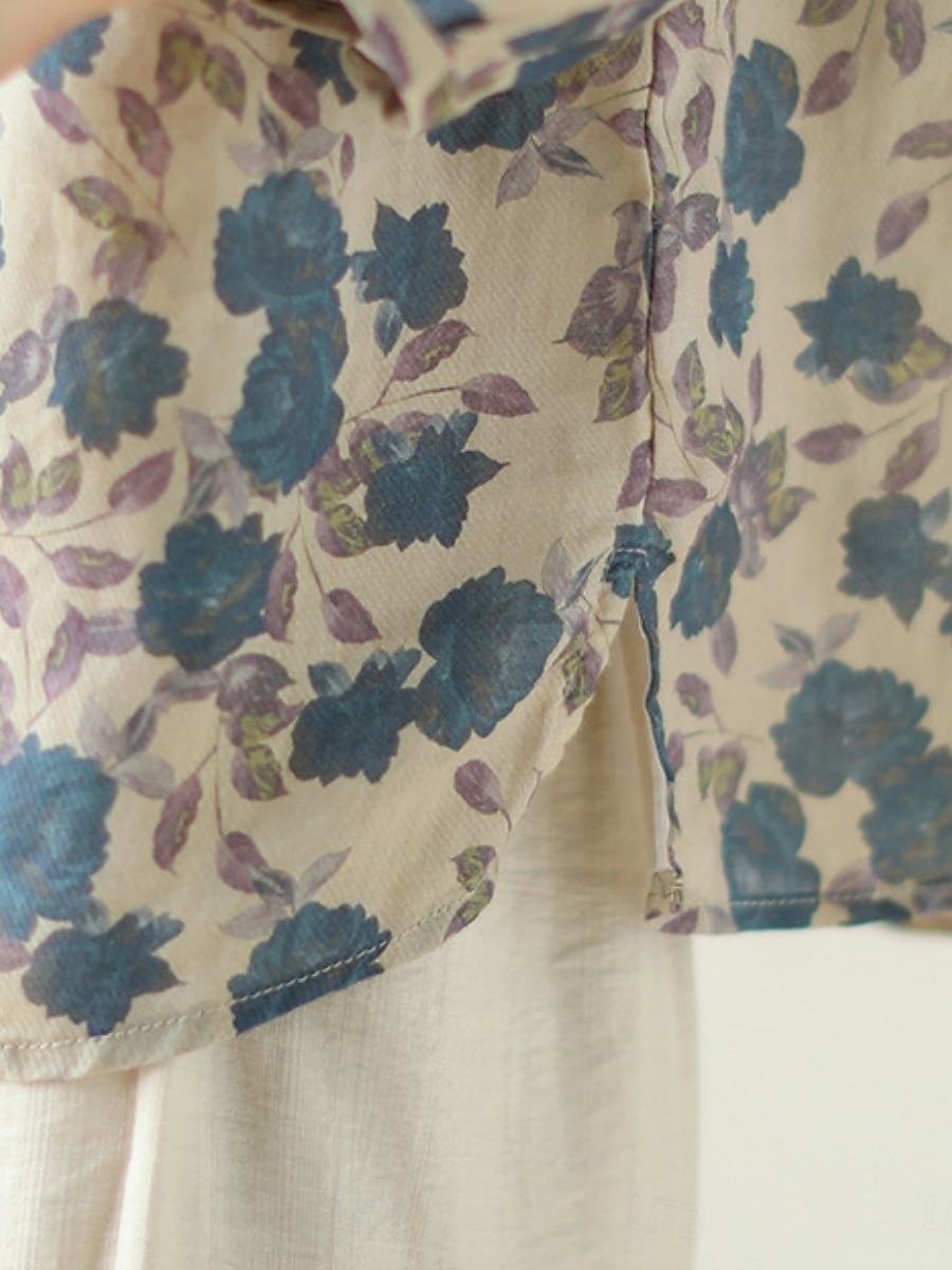 Pentru femei Cămăși Bumbac In Floral De Bază Casual Lungime Manșon 3/4 Stil Nautic Topuri obișnuite Zilnic Imprimeu Albastru piscină Vară 2025 - $18.99 –P12