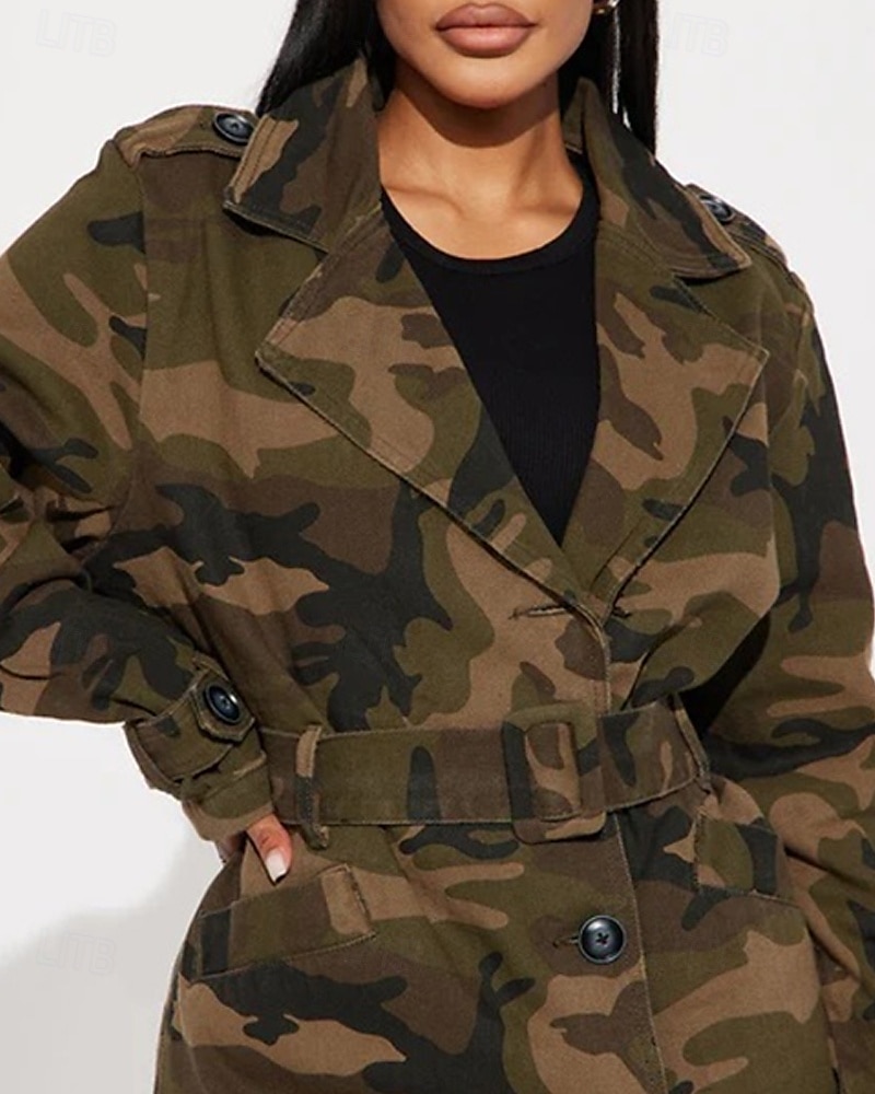 Damen Trenchcoat Bequem Knöpfe Tasche Modern Streetstyle Tarnung Outdoor Ausgehen Einreihig Lang Umlegekragen Normale Passform Langarm Oberbekleidung Hellgrün Dunkelgrün Herbst Winter 2025 - $46.99 –P6