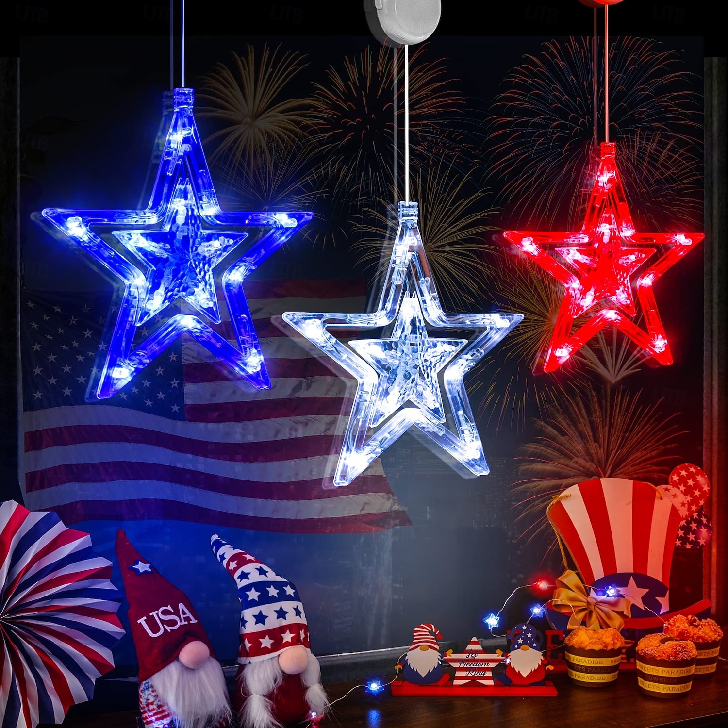 3 Pezzi Luci Appese Patriottiche per il 4 Luglio Giorno dell'Indipendenza 250° Anniversario Giorno della Memoria Luci Decorative con Ventosa Stella a 5 Punte Decorativa Box Batteria AAA del 2026 a $17.99 –P1