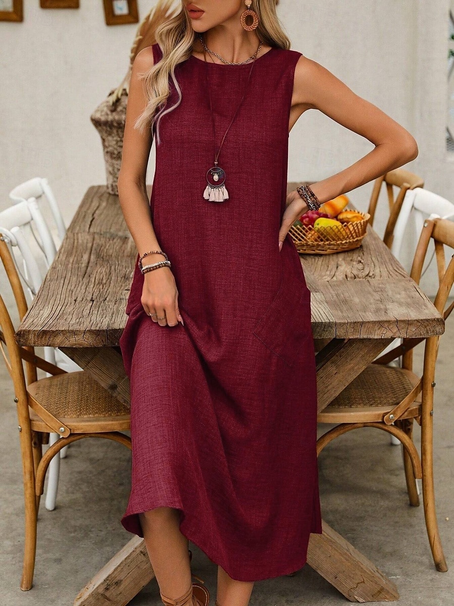 Damen Maxikleid A Linie Kleid Sommerkleid Lässig Täglich Normale Passform Einfach Ärmellos Rundhalsausschnitt Wein Blau Braun Grün Sommer 2025 - $24.99 –P20
