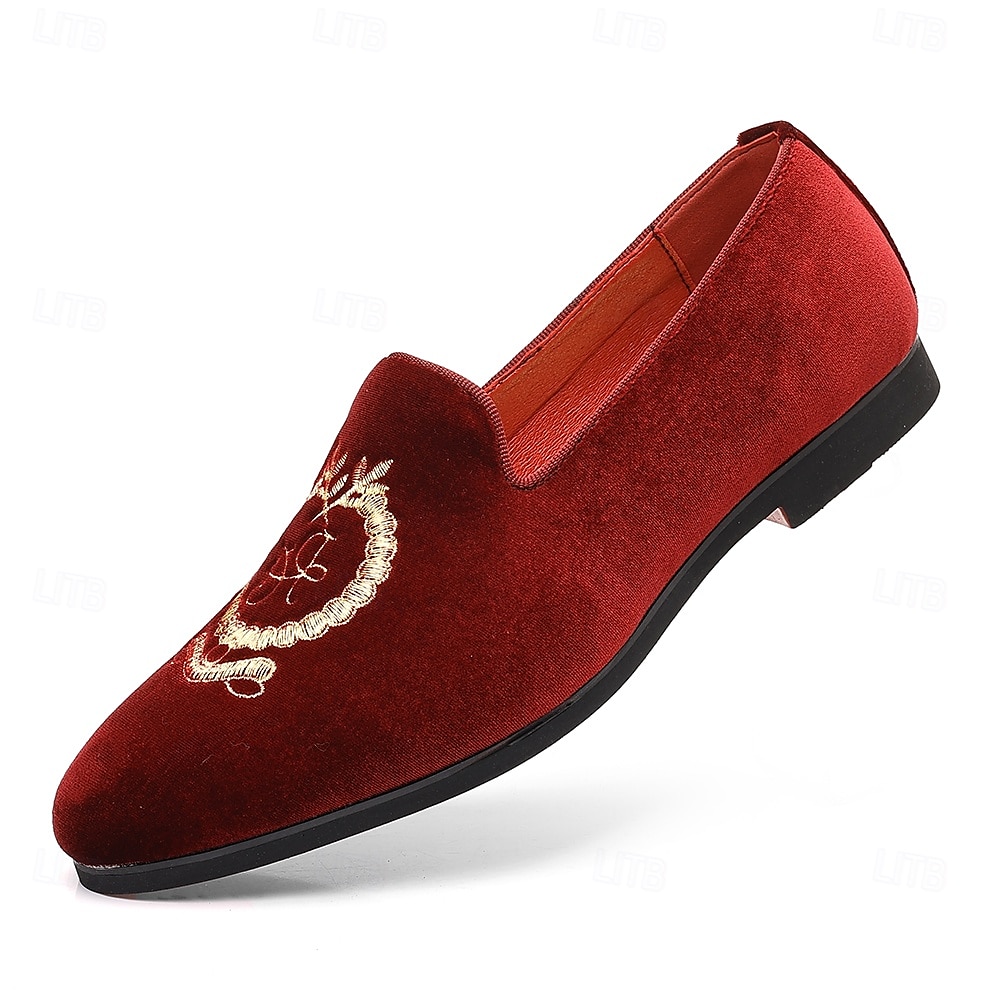 2026年 刺繍入りの紋章が入ったメンズ バーガンディ ベルベット ローファー - 結婚式、宴会、お祝いの席にぴったりのスリッポン パーティー ドレスシューズ  コレクション – $42.99 –P1