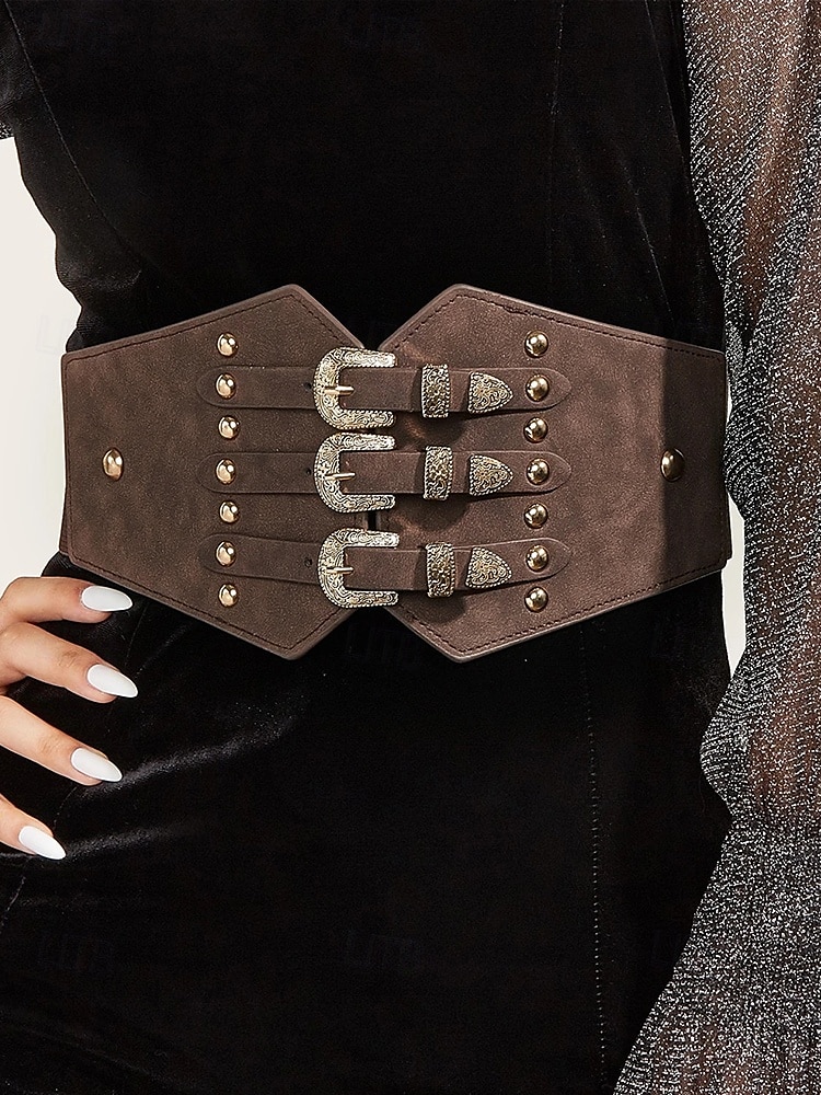 Ceinture large élastique pour femme avec triple boucle vintage – Corset gothique en similicuir pour robes et costumes de 2025 ? $14.99 –P1