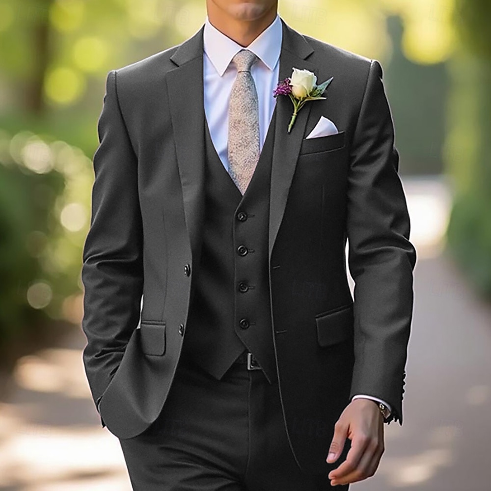 Men's Wedding Party Evening Wear Suits Grape Dark Grey Fashion Formal Solid Colored Standard Fit 3 Piece Single Breasted Two-buttons 2025 - $122.99 –P3
