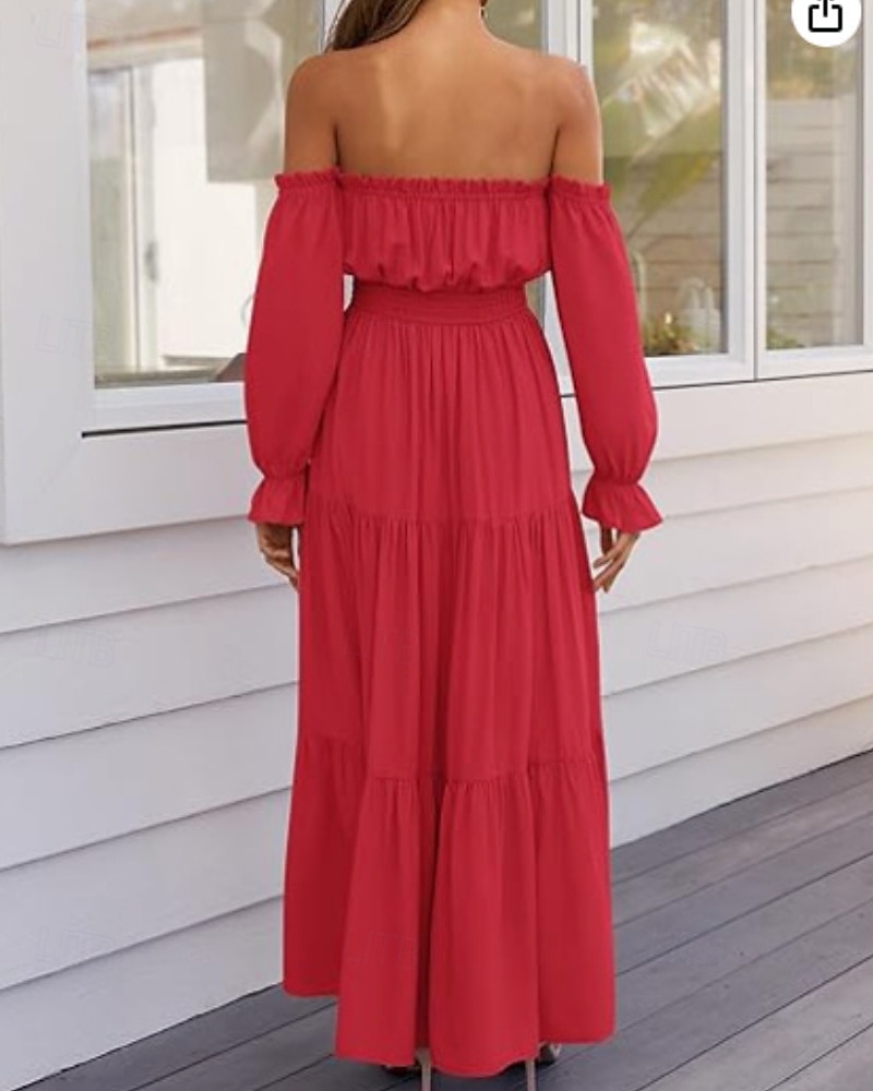 Damen Langes Kleid Maxikleid Schößchen Kleider Mode Modern Outdoor Urlaub Ferien Normale Passform Einfach Dreiviertelarm Schulterfrei Schwarz Rote Beige Sommer 2025 - $22.99 –P3
