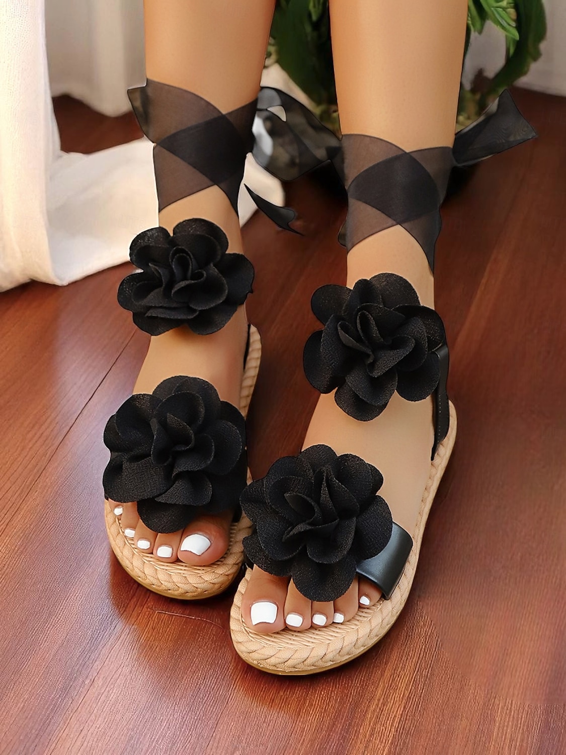 Women's White Flower Lace-Up Flat Sandals, Casual Wedding Style, Beach Bride Shoes with Ribbon Straps and Floral Details 2025 - $24.99 –P4