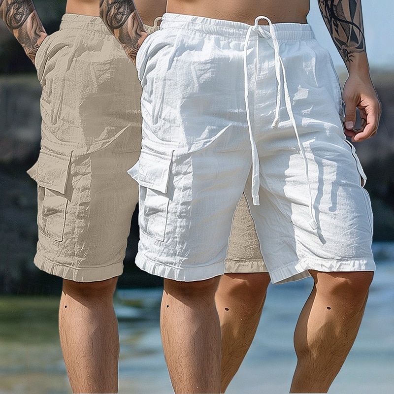 Homens Calção Shorts de linho Shorts de verão Shorts de praia Com Cordão Cintura elástica Bolso multi Tecido Comprimento do joelho Ao ar livre Feriado Praia Férias Havaiana Branco + céu azul Branco de 2025 por $27.99 –P2