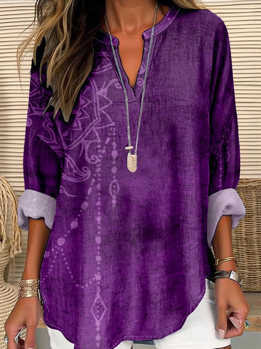 Dames Overhemd Bloemig Stijlvol Modern Lange mouw V-hals Normale tops Dagelijks Feestdagen Knop Afdrukken Paars Groen Zomer 2025 - $24.99 –P3