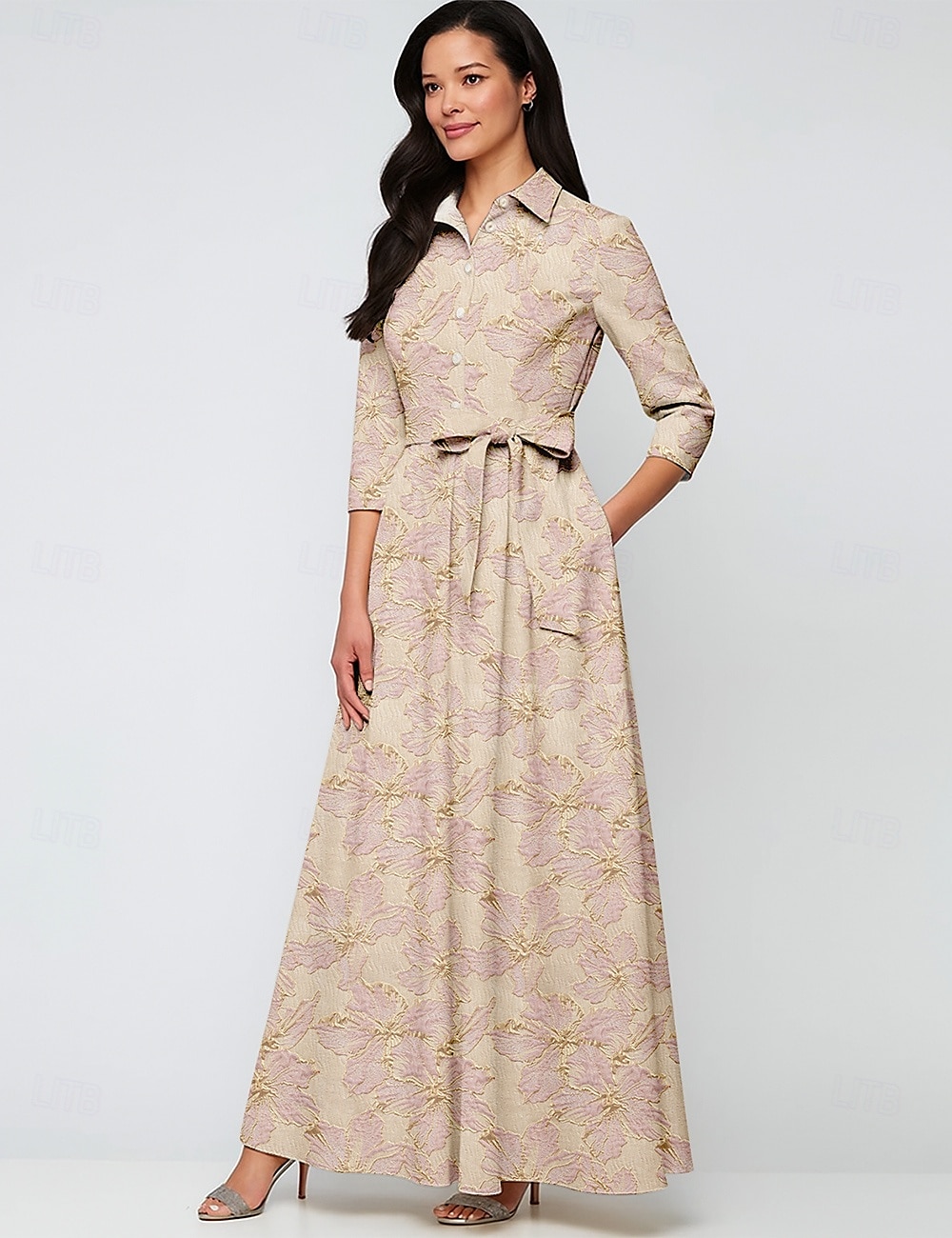 Robe du soir A-Linie en jacquard en brocart élégante robe formelle mariage longueur de sol à manches longues col chemise en nylon avec nœud(s) et poche de 2025 ? $147.99 –P1