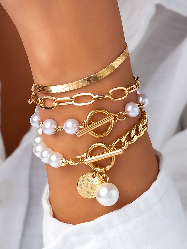 2026年 レディースゴールドチェーンとパールブレスレットセット、ファッショントグルクラスプジュエリー、女の子と女性のためのエレガントなレイヤードスタイル、パーティー、結婚式、オフィス、普段使いに最適  コレクション – $11.99 –P1