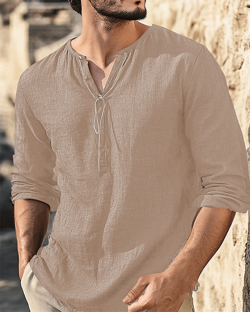 Herren Hemd Leinenhemd Popover-Hemd Freizeithemd Baumwollhemd Einfach Urlaub Hawaiianisch Schwarz Weiß Braun Grün Langarm V Ausschnitt Frühling Herbst Bekleidung 2025 - $32.99 –P4