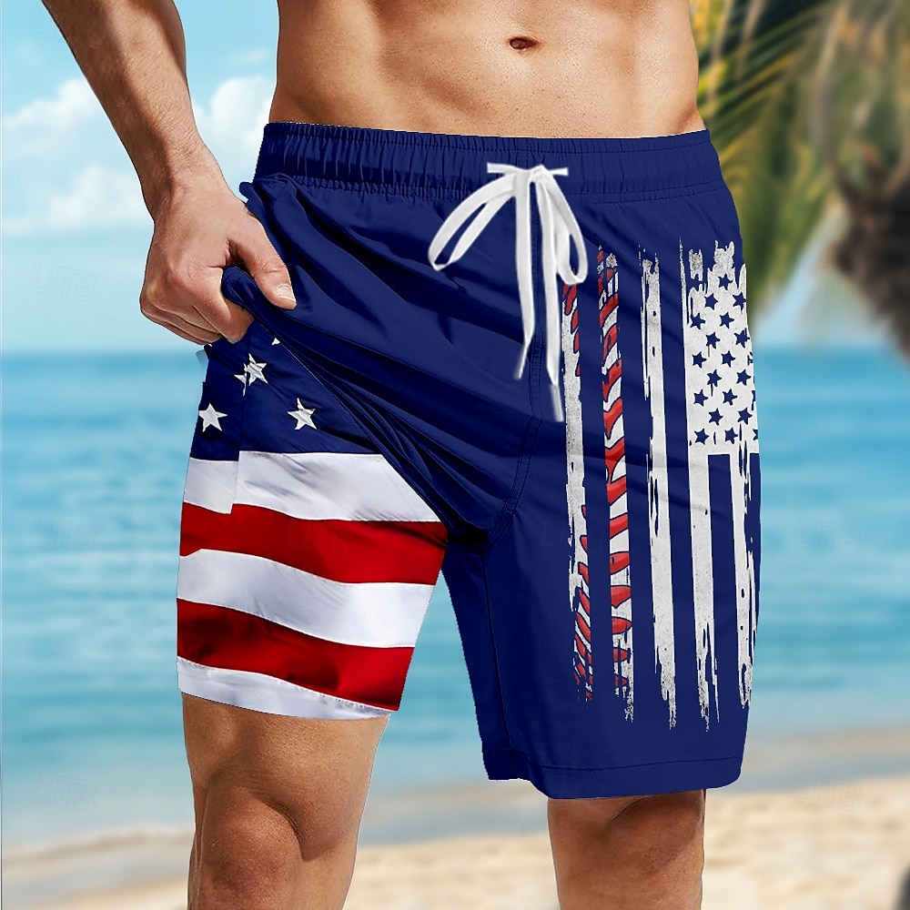 2025年 アメリカ独立記念日 男性用 愛国 米国旗 裏地付きショートパンツ 2 in 1 スイムショーツ スイムトランク ミディアムウエスト 祝日 サイドポケット コンプレッションライナー付き 伸縮性のあるドローストリングウエスト デザイナー 衣類 コレクション – $21.99 –P2