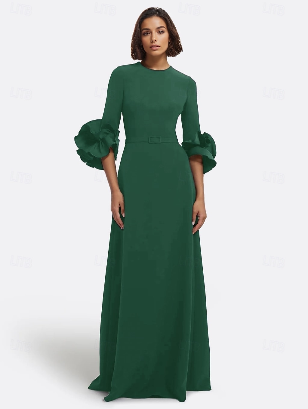 Abito da sera nero a trapezio, elegante, formale, da sposa, lungo fino al pavimento, manica lunga, scollo rotondo, in crêpe elasticizzata con pieghe, 2025 del 2025 a $139.99 –P5