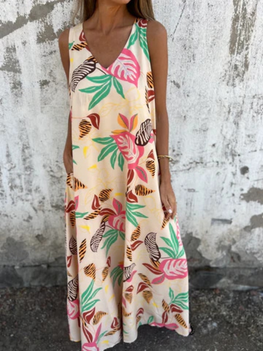 Femmes Robe maxi Robe trapèze Robe Nuisette Vacances Occasionnel Boho Extérieur Sortir Coupe régulière Fleuri Sans manches Col en V Bleu Abricot Beige Été de 2025 ? $23.99 –P8