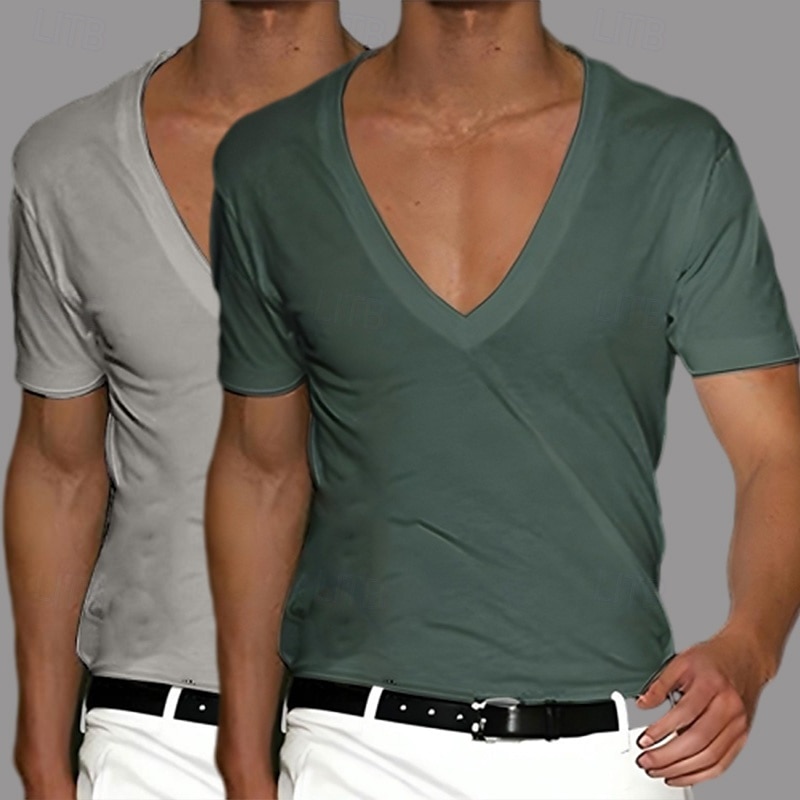 2 Stück Herren T-Shirt Tee Top Kurzarm Kurzarm V-Ausschnitt Sommer Frühling Unifarben Designer Basic Modern Zeitgenössisch Klassischer Stil Basic Urlaub Street Casual Schwarz Weiß Tee 2025 - $17.49 –P7