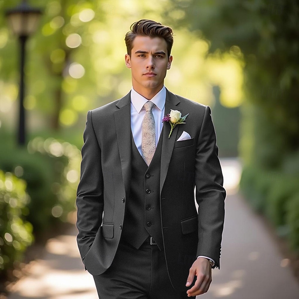 Men's Wedding Party Evening Wear Suits Grape Dark Grey Fashion Formal Solid Colored Standard Fit 3 Piece Single Breasted Two-buttons 2025 - $122.99 –P4