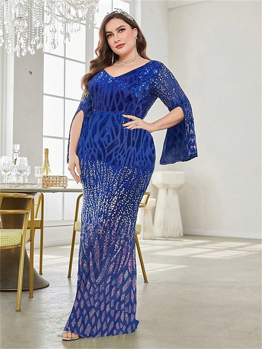 Mermaid / Trumpet Plus Size Dresses Elegant Curve Dress Formal Wedding Floor Length Long Sleeve V Neck Polyester with Sequin 2025 - $119.99 –P16