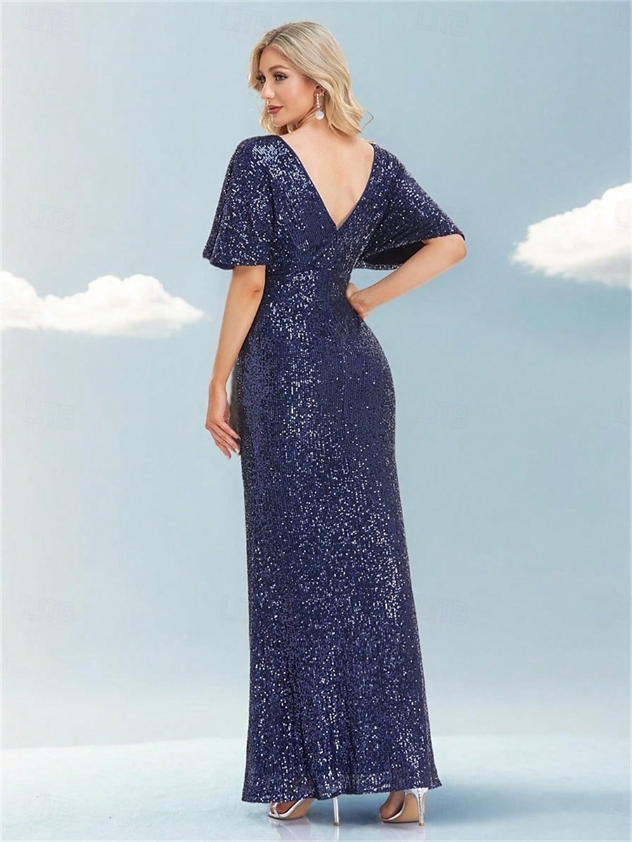 Abiti da festa per quindici anni sirena  tromba abito elegante formale da matrimonio lunghezza a terra maniche corte scollatura a V poliestere con glitter del 2025 a $99.99 –P7