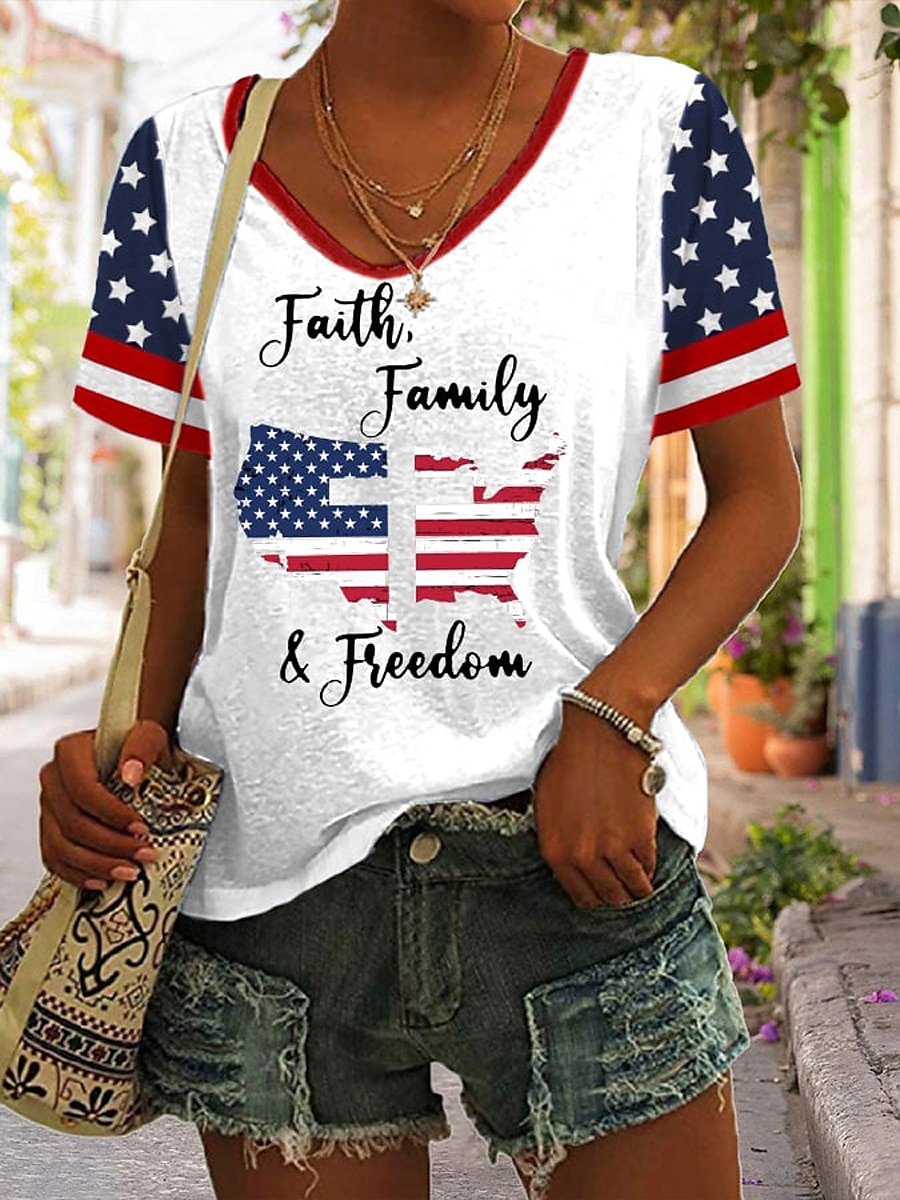 Women's Patriotic  T Shirt Graphic Flag Vintage Stylish Classic Short Sleeve V Neck Regular Tops Daily Print Black White Red Navy Blue Summer Spring 2025 - $19.99 –P1
