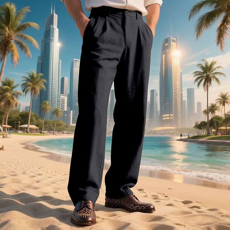 Men's Linen Pants Trousers Summer Pants Beach Pants Pocket Straight Leg Plain Comfort Breathable Vacation Daily Holiday Hawaiian Boho Black White 2025 - $25.99 –P12