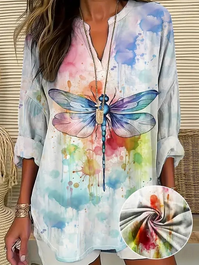 Dame Bluse Grafisk Dyr Bohem Årgang Tropisk Langermet V-hals Vanlige topper Daglig Ferie Strand Klær Trykt mønster Regnbue Beige Sommer Vår 2025 - $24.99 –P2