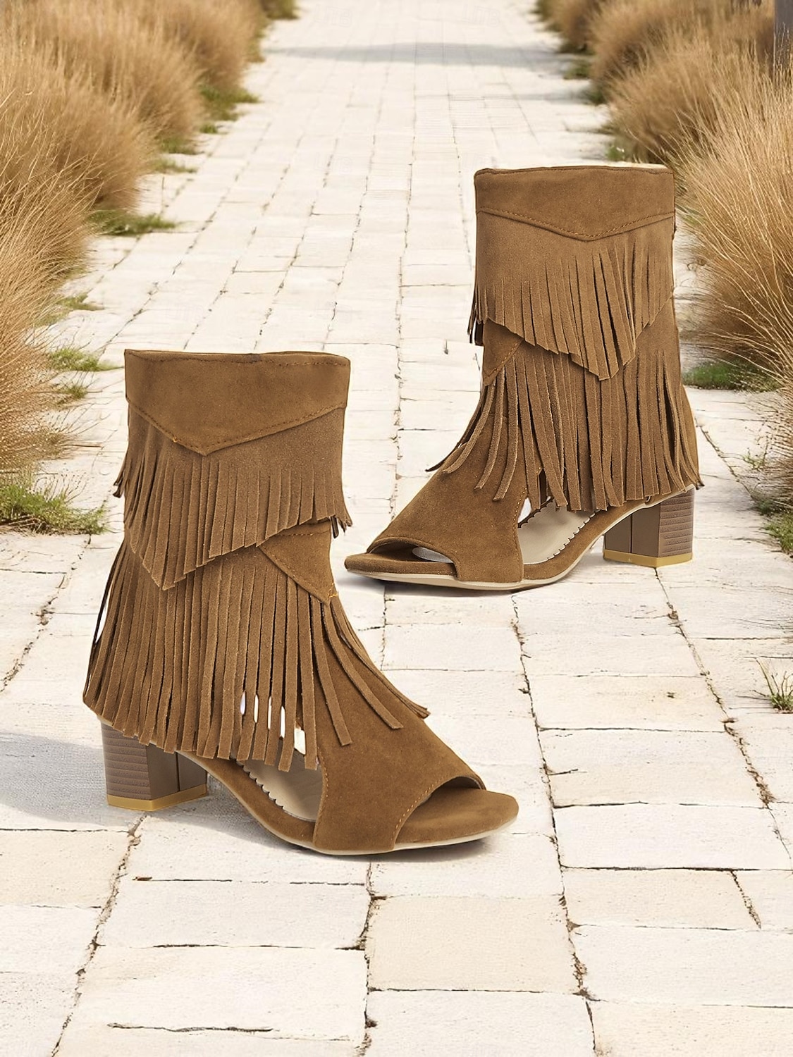 Bruna damsandaler med mockafransar och blockklack – bohemiska stövlar med öppen tå i västerländsk stil för musikfestivaler, sommarkläder och vardagskläder 2026 - $46.99 –P2