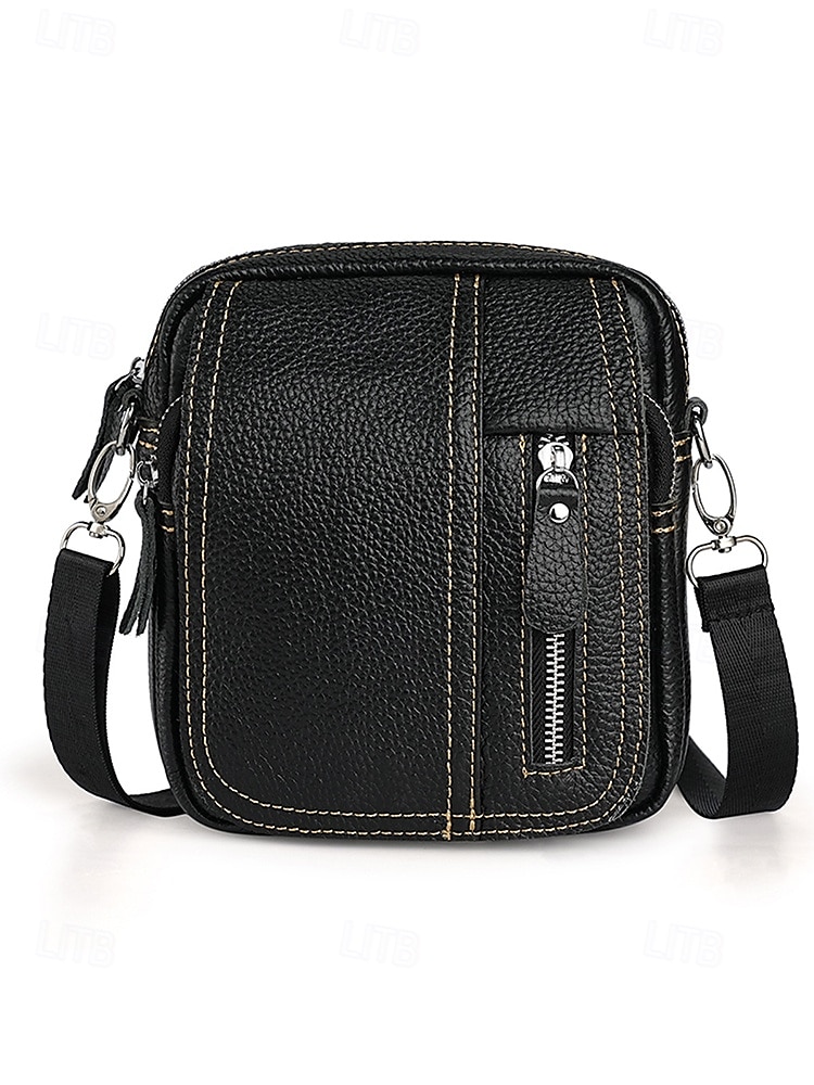 Men's genuine leather messenger bag with zipper pocket, Retro style, Can be inserted into the belt to use as a waist bag, Suitable for outdoor travel, Hiking, Camping or western cowboy wear 2025 - $26.99 –P5