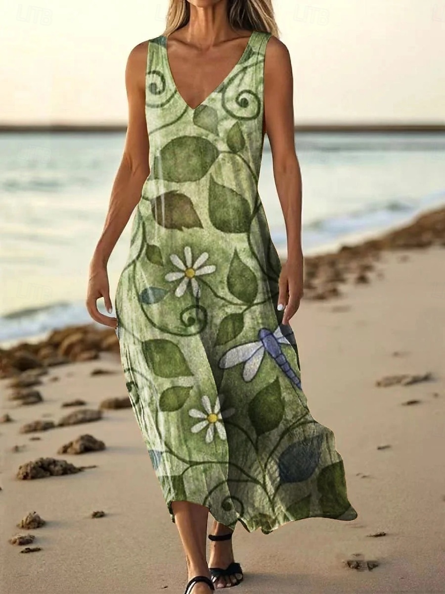 Femmes Robe Longue Maxi Robe Robe Décontractée Robe débardeur Robe d'été africain Quotidien Fête Plage Coupe régulière Fleuri Sans manches Col en V Jaune Bleu Vert foncé Vert Été de 2025 ? $20.99 –P6