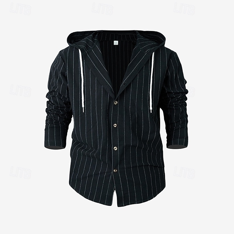 Men's Shirt Linen Shirt Casual Shirt Button Up Shirt Cotton Shirt Stripe Vacation Hawaiian Black White Navy Blue Khaki Long Sleeve Hooded Spring Fall Clothing Apparel Drawstring 2025 - $23.99 –P2