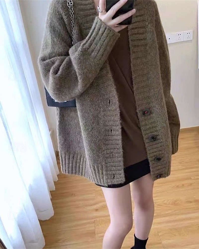Damen Pullover Strickjacke Mode Einfarbig Gerippt V Ausschnitt Knöpfe Gestrickt Langarm Normale Oberteile Stricken Täglich Ferien Ausgehen Schwarz Dunkelgray Herbst 2025 - $28.99 –P4