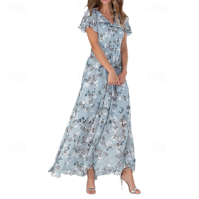 Damen Midikleid Cocktailkleid Chiffonkleid Blumenkleid Druckkleid Mode Modern Outdoor Urlaub Teegesellschaft Normale Passform Blume Kurzarm V Ausschnitt Blau Grün Leicht Blau Sommer 2026 - $26.99 –P3