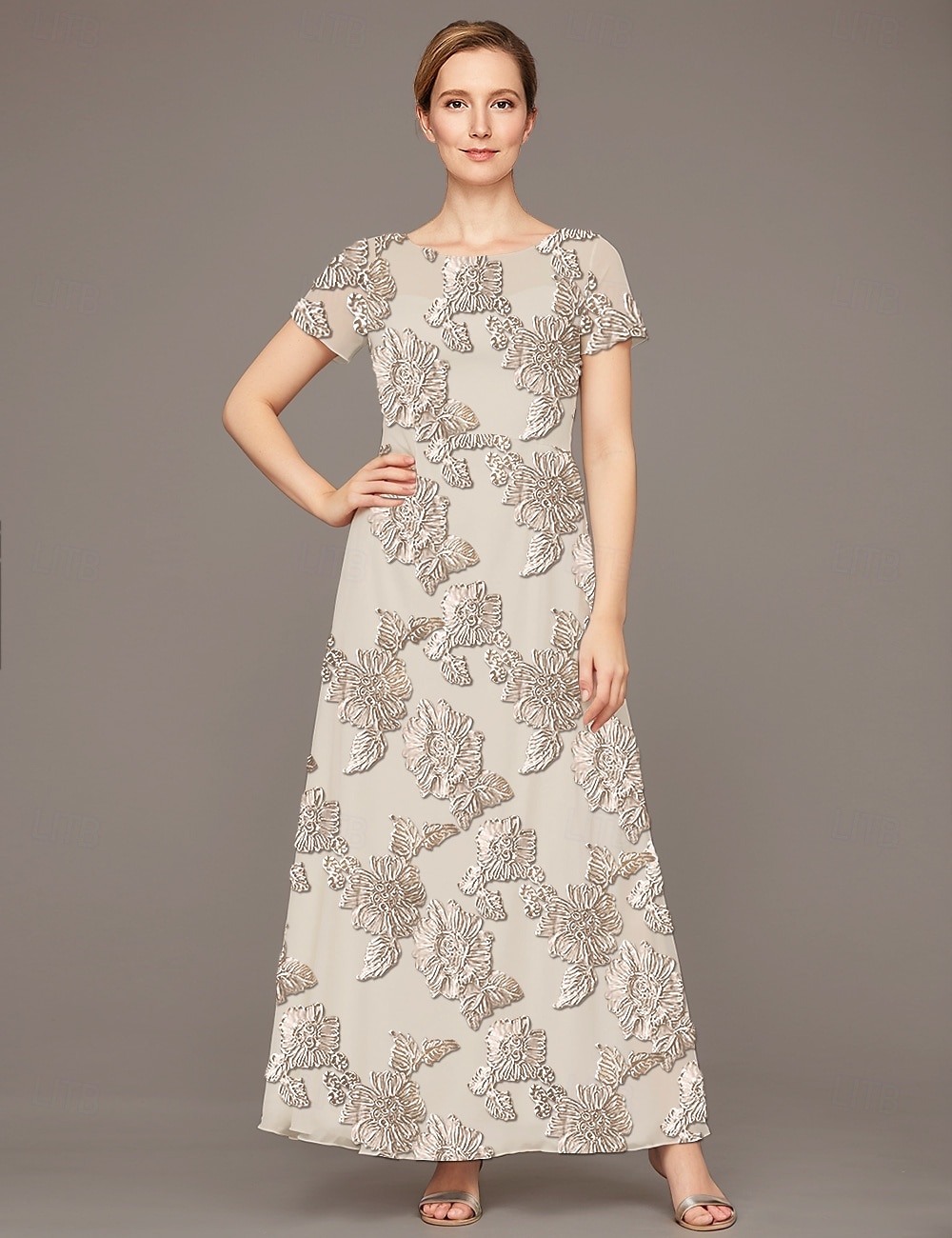 A-Linien-Kleid für die Mutter der Braut, elegant, luxuriös, U-Boot-Ausschnitt, bodenlang, Chiffon, Spitze, kurze Ärmel, mit Rüschen, 2025 2025 - $145.99 –P1