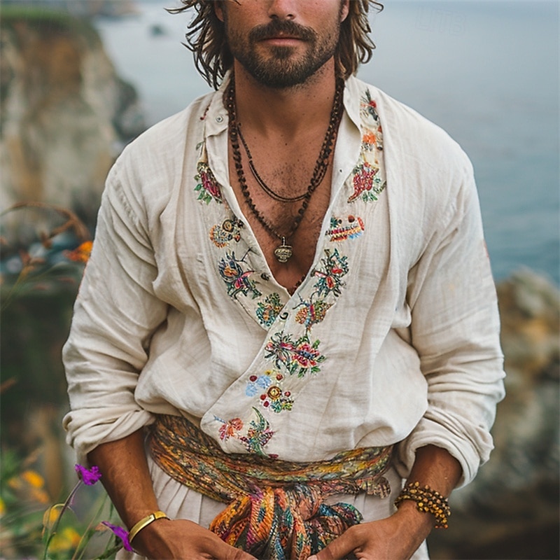 Per uomo Camicia Camicia di lino Camicia casual Camicia di cotone Floreale Vacanza Camicia hawaiana Bianco Manica Lunga Scollo a V Primavera Autunno Abbigliamento Etnico / religioso del 2025 a $26.99 –P1