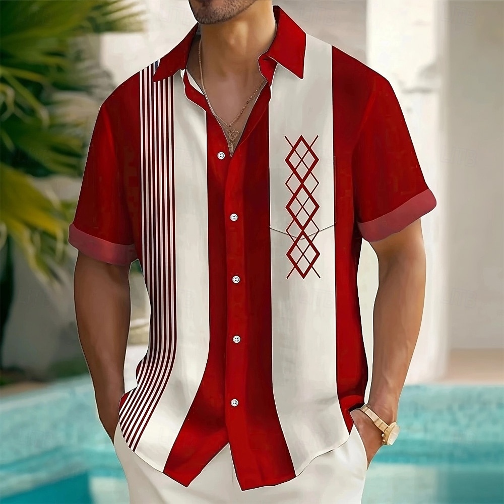 Herren Geometrisch Gestreift Karo / Karomuster Hemd Sommerhemd Knopfhemd Kurzarm Modisch lässig Outdoor Urlaub Alltagskleidung Sommer Frühling Umlegekragen 3D-Druck Hemden mit Kragen Eine Tasche vorne 2026 - $25.99 –P1