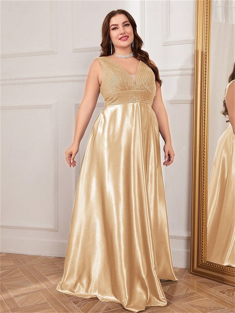 A-Line Plus Size Dresses Elegant Curve Dress Formal Wedding Floor Length Sleeveless V Neck Satin V Back with Pleats 2025 - $119.99 –P11