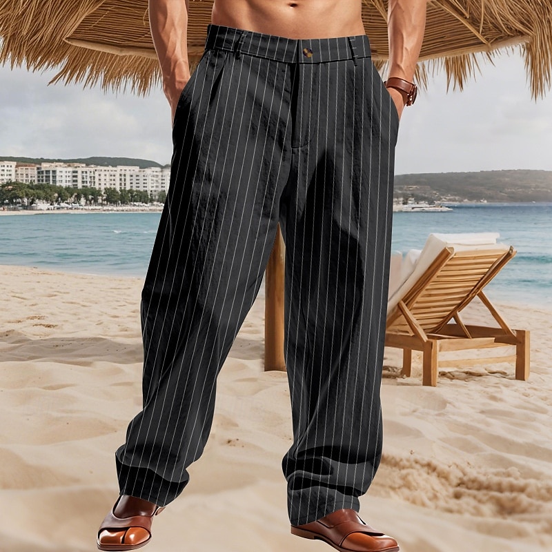 Herren Leinenhosen Hose Sommerhose Gerader Schnitt Gestreift Komfort Atmungsaktiv Volle Länge Party Geschäft Strand Urlaub Mode Schwarz Weiß 2025 - $23.99 –P2
