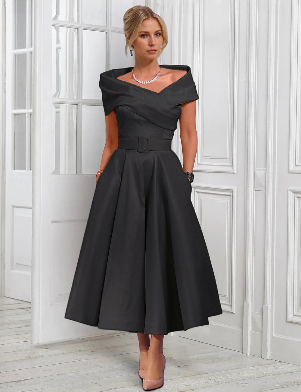A-Line Cocktail Dresses Elegant Dress Formal Wedding Tea Length Midi Length Sleeveless Adjustable Cover Buttons Off Shoulder Satin with Pleats 2025 - $128.99 –P8